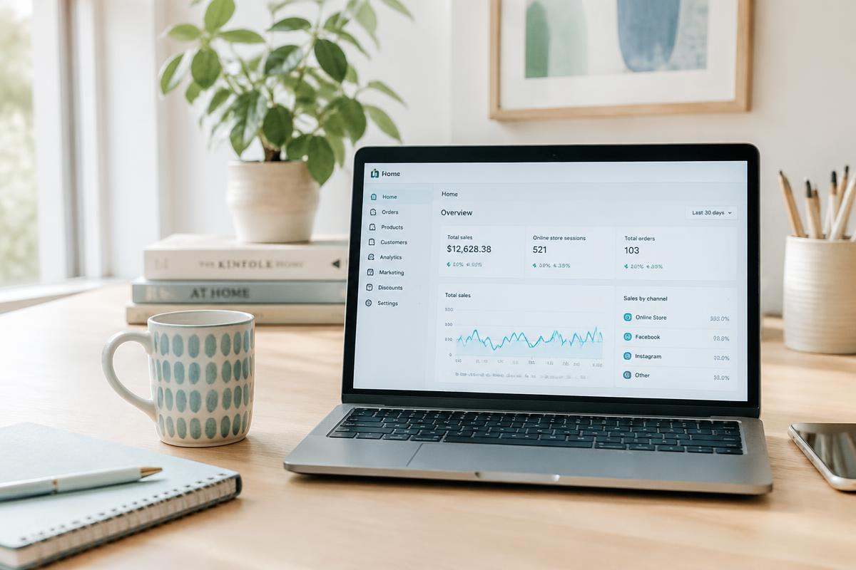 Laptop showing a small business dashboard on a sunny desk